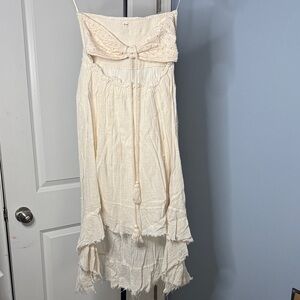 Bohemian Strapless Cream Maxi Dress with Tassel Detail